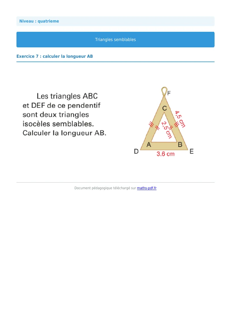 Triangles semblables : exercice n°7 de maths en 4ème corrigé en PDF