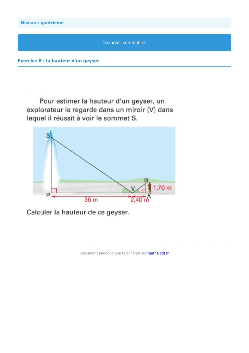 Triangles semblables : exercice n°8 de maths en 4ème corrigé en PDF