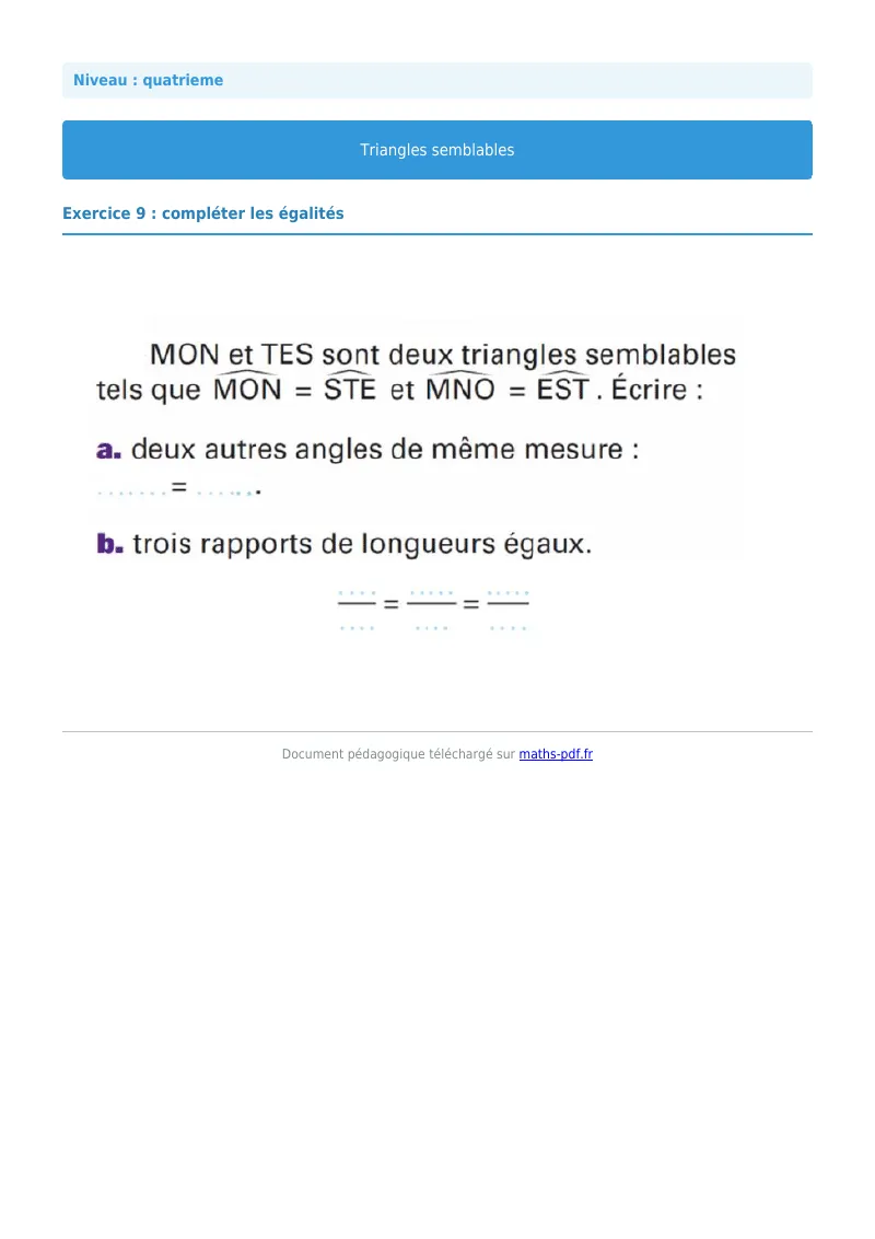 Triangles semblables : exercice n°9 de maths en 4ème corrigé en PDF