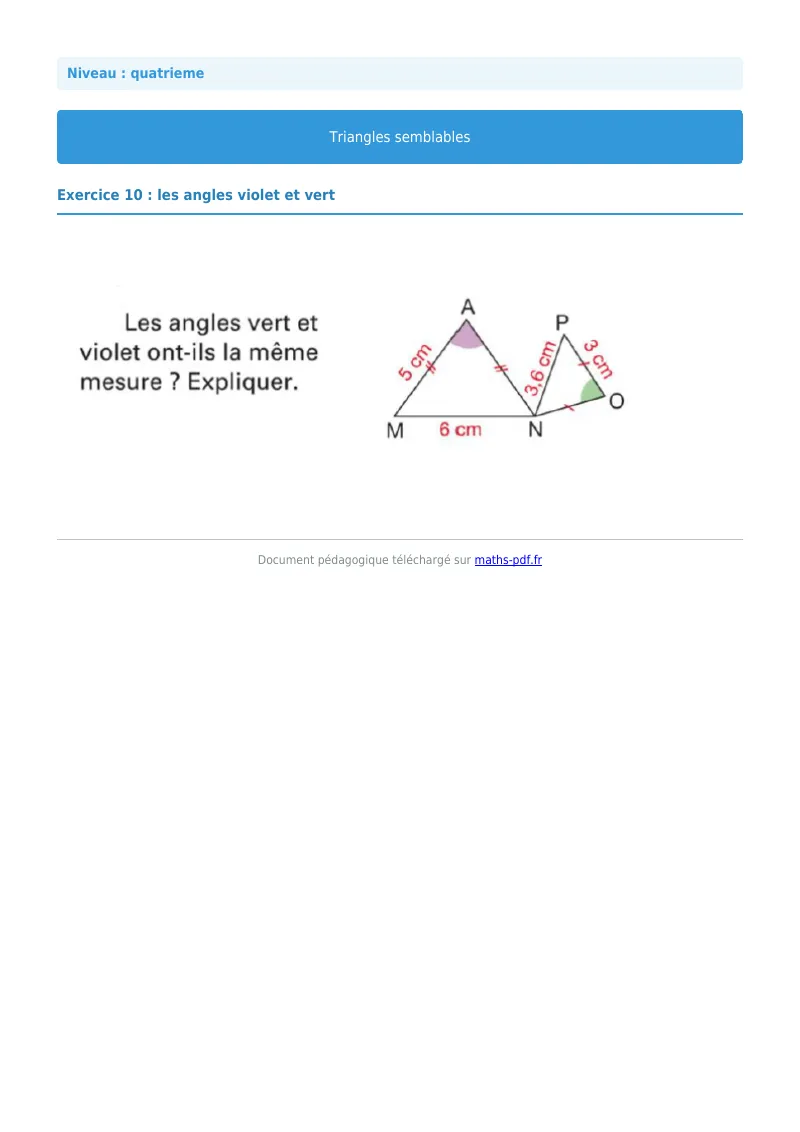 Triangles semblables : exercice n°10 de maths en 4ème corrigé en PDF