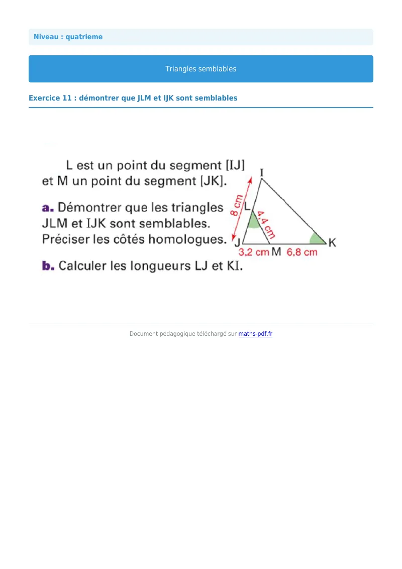 Triangles semblables : exercice n°11 de maths en 4ème corrigé en PDF