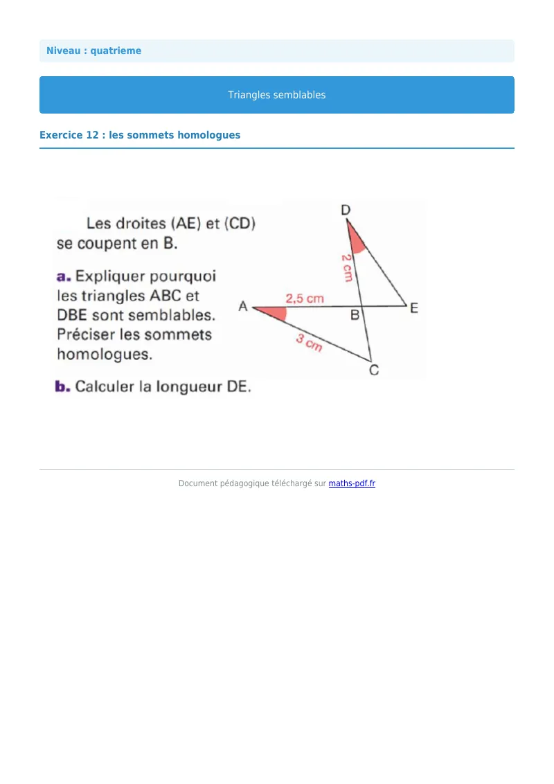 Triangles semblables : exercice n°12 de maths en 4ème corrigé en PDF