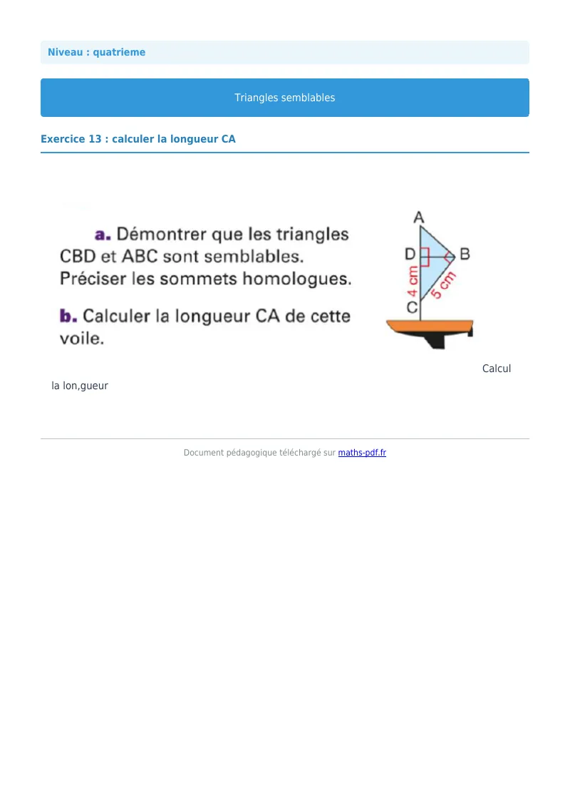 Triangles semblables : exercice n°13 de maths en 4ème corrigé en PDF