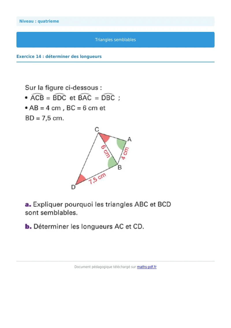 Triangles semblables : exercice n°14 de maths en 4ème corrigé en PDF