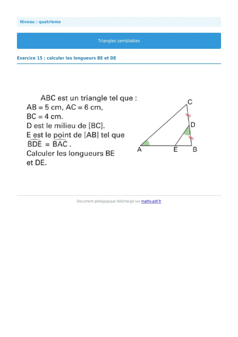 Triangles semblables : exercice n°15 de maths en 4ème corrigé en PDF
