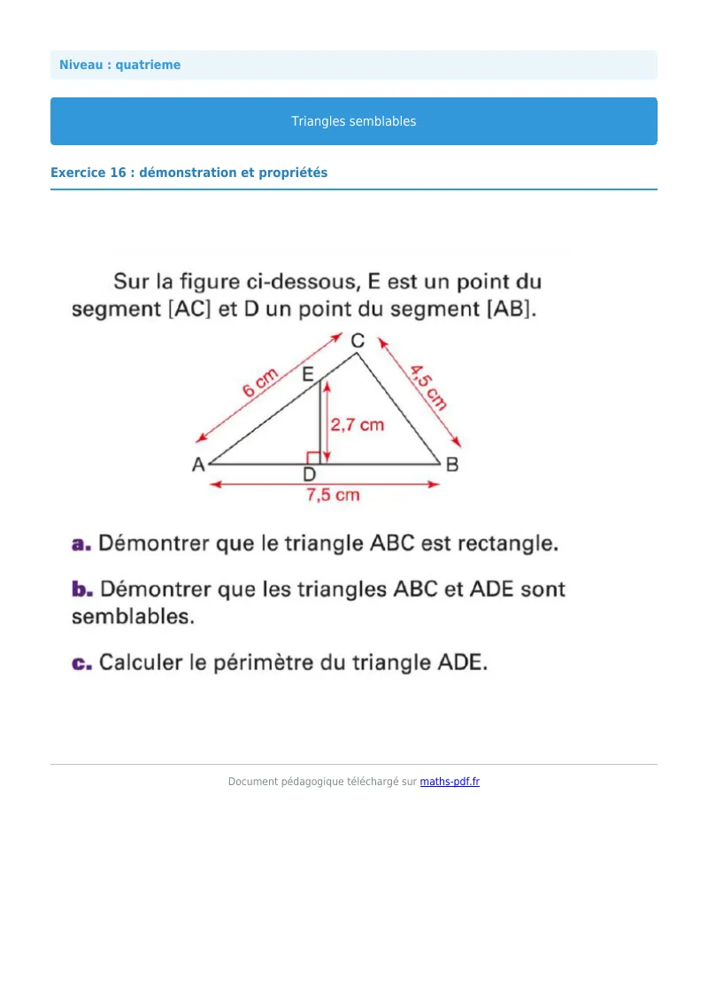 Triangles semblables : exercice n°16 de maths en 4ème corrigé en PDF
