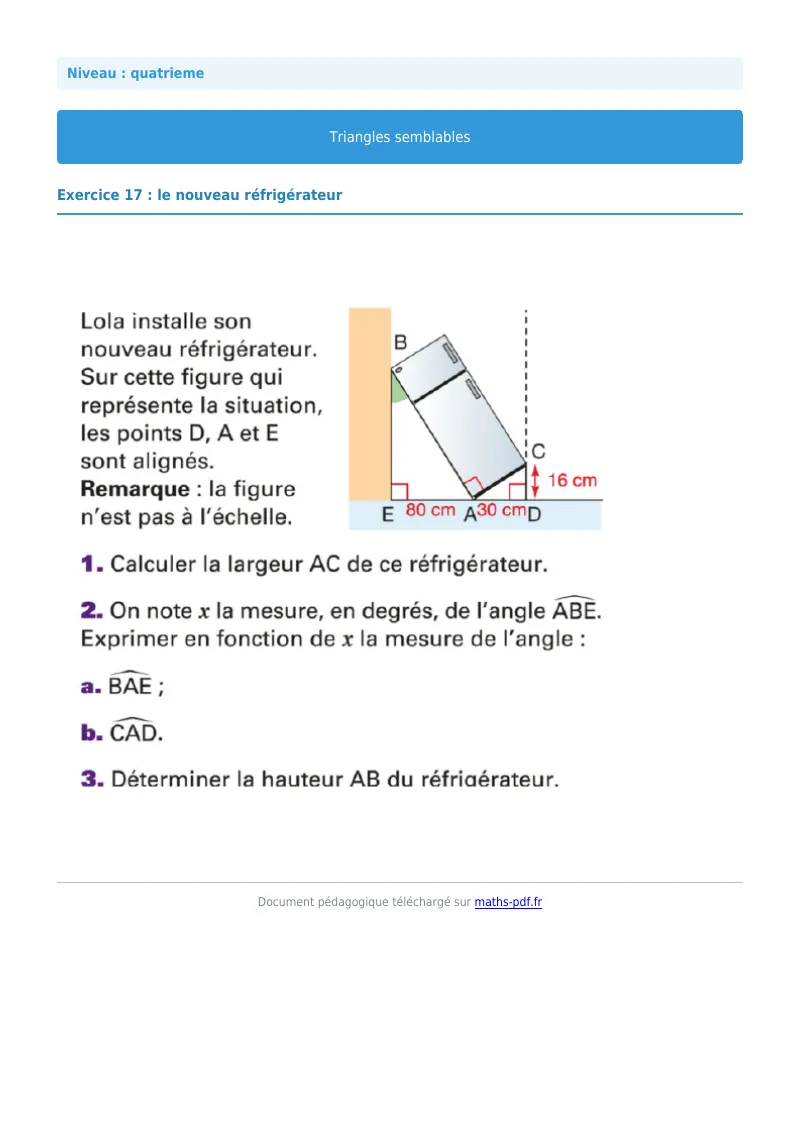 Triangles semblables : exercice n°17 de maths en 4ème corrigé en PDF