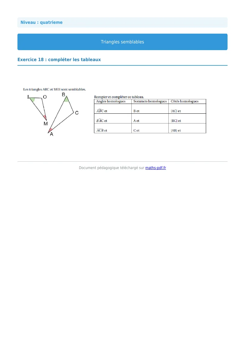 Triangles semblables : exercice n°18 de maths en 4ème corrigé en PDF