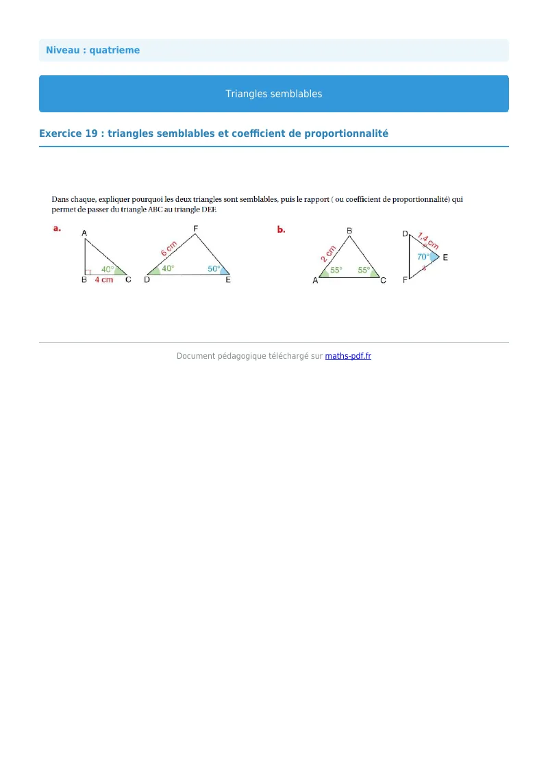 Triangles semblables : exercice n°19 de maths en 4ème corrigé en PDF