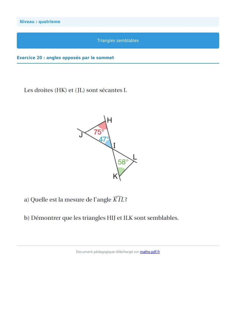 Triangles semblables : exercice n°20 de maths en 4ème corrigé en PDF
