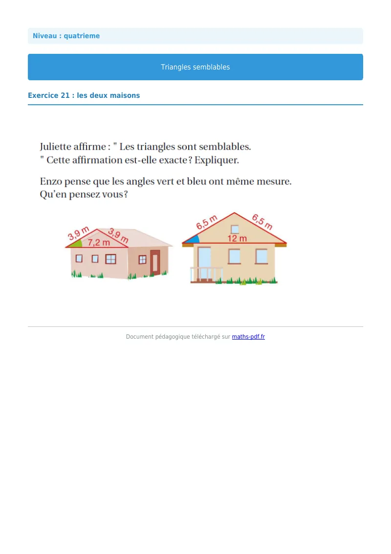Triangles semblables : exercice n°21 de maths en 4ème corrigé en PDF