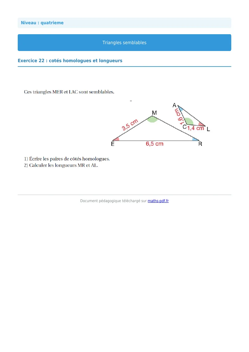 Triangles semblables : exercice n°22 de maths en 4ème corrigé en PDF