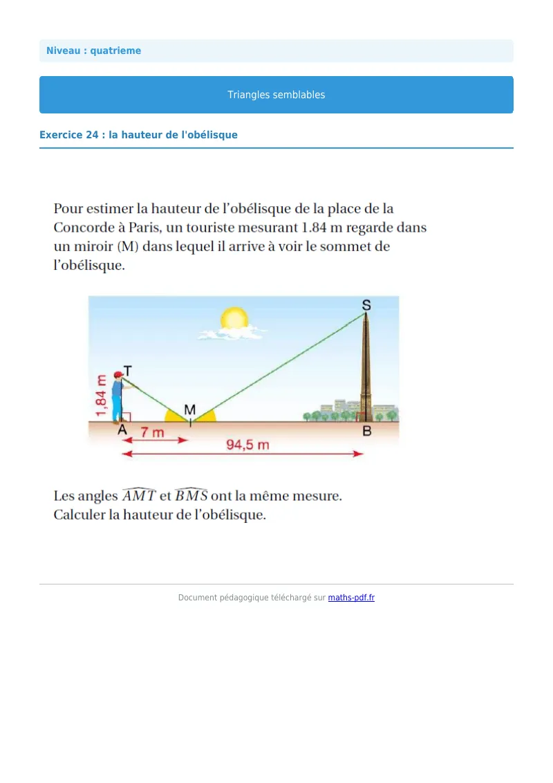 Triangles semblables : exercice n°24 de maths en 4ème corrigé en PDF