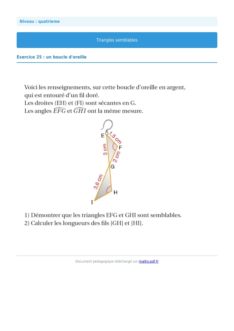 Triangles semblables : exercice n°25 de maths en 4ème corrigé en PDF