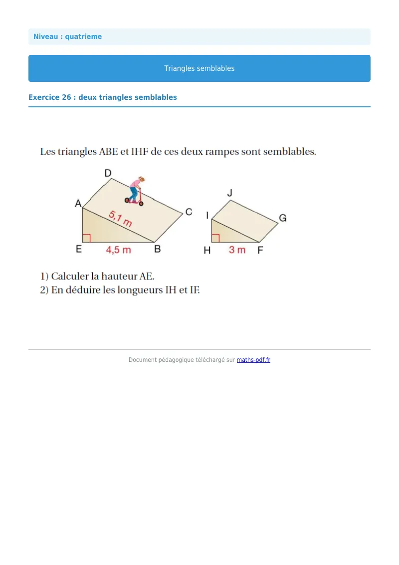 Triangles semblables : exercice n°26 de maths en 4ème corrigé en PDF