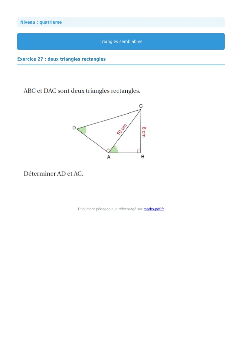 Triangles semblables : exercice n°27 de maths en 4ème corrigé en PDF