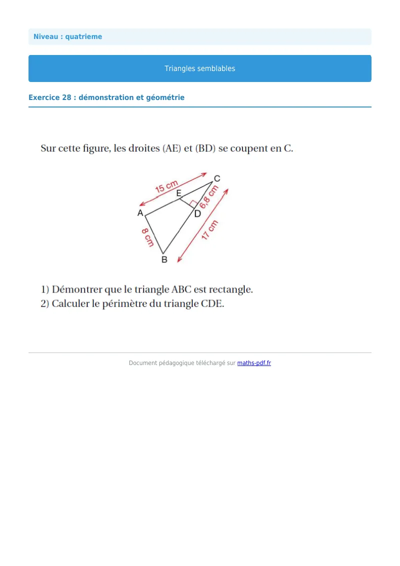 Triangles semblables : exercice n°28 de maths en 4ème corrigé en PDF