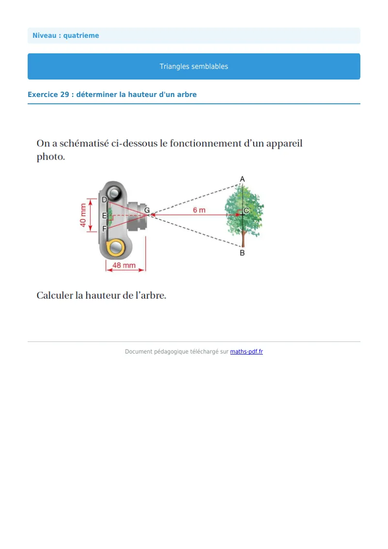 Triangles semblables : exercice n°29 de maths en 4ème corrigé en PDF