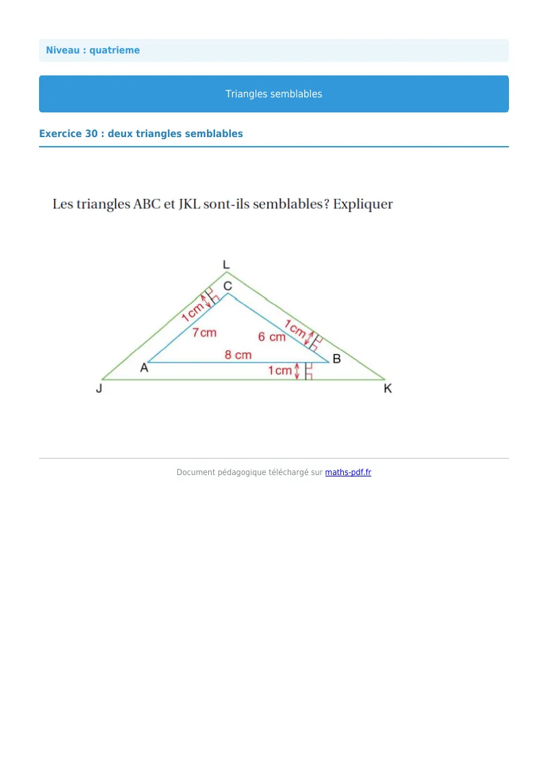 Triangles semblables : exercice n°30 de maths en 4ème corrigé en PDF