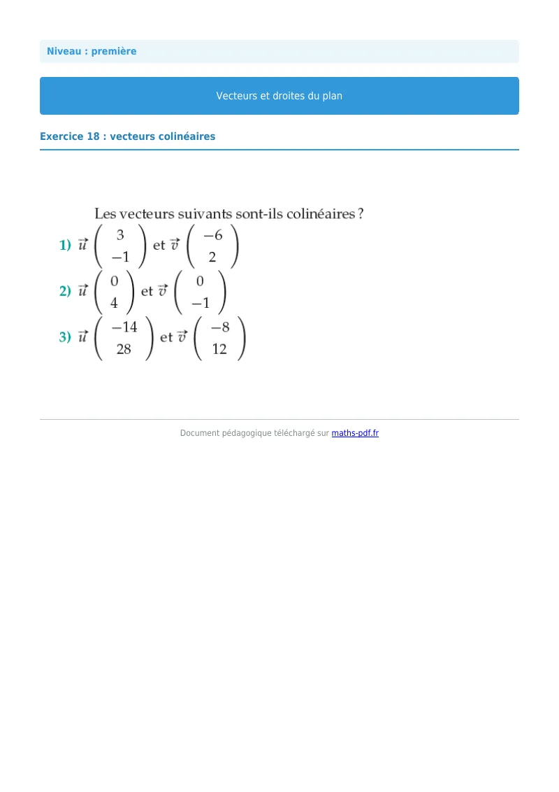Vecteurs et droites du plan : exercice n°18 de maths en première corrigé en PDF