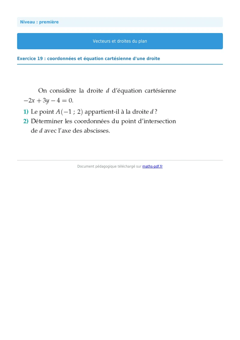 Vecteurs et droites du plan : exercice n°19 de maths en première corrigé en PDF