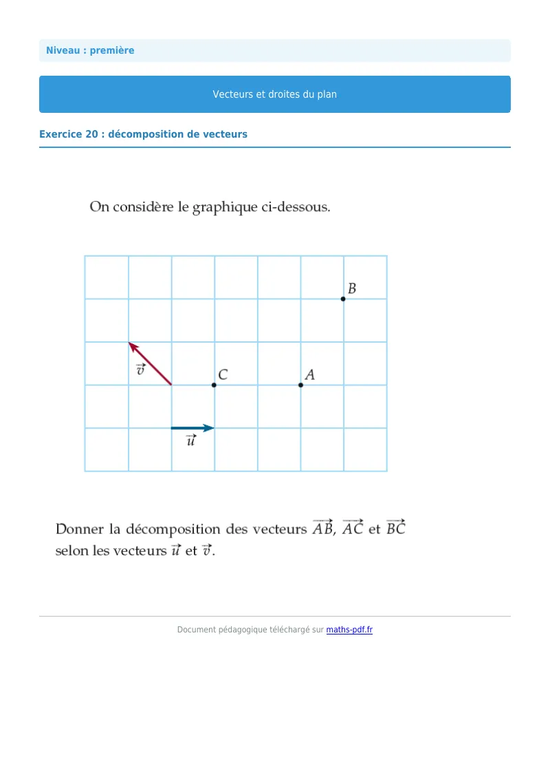 Vecteurs et droites du plan : exercice n°20 de maths en première corrigé en PDF