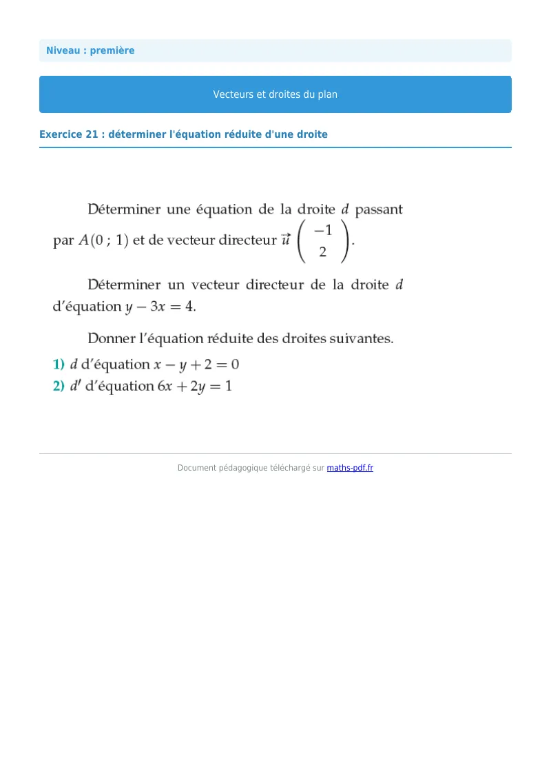 Vecteurs et droites du plan : exercice n°21 de maths en première corrigé en PDF
