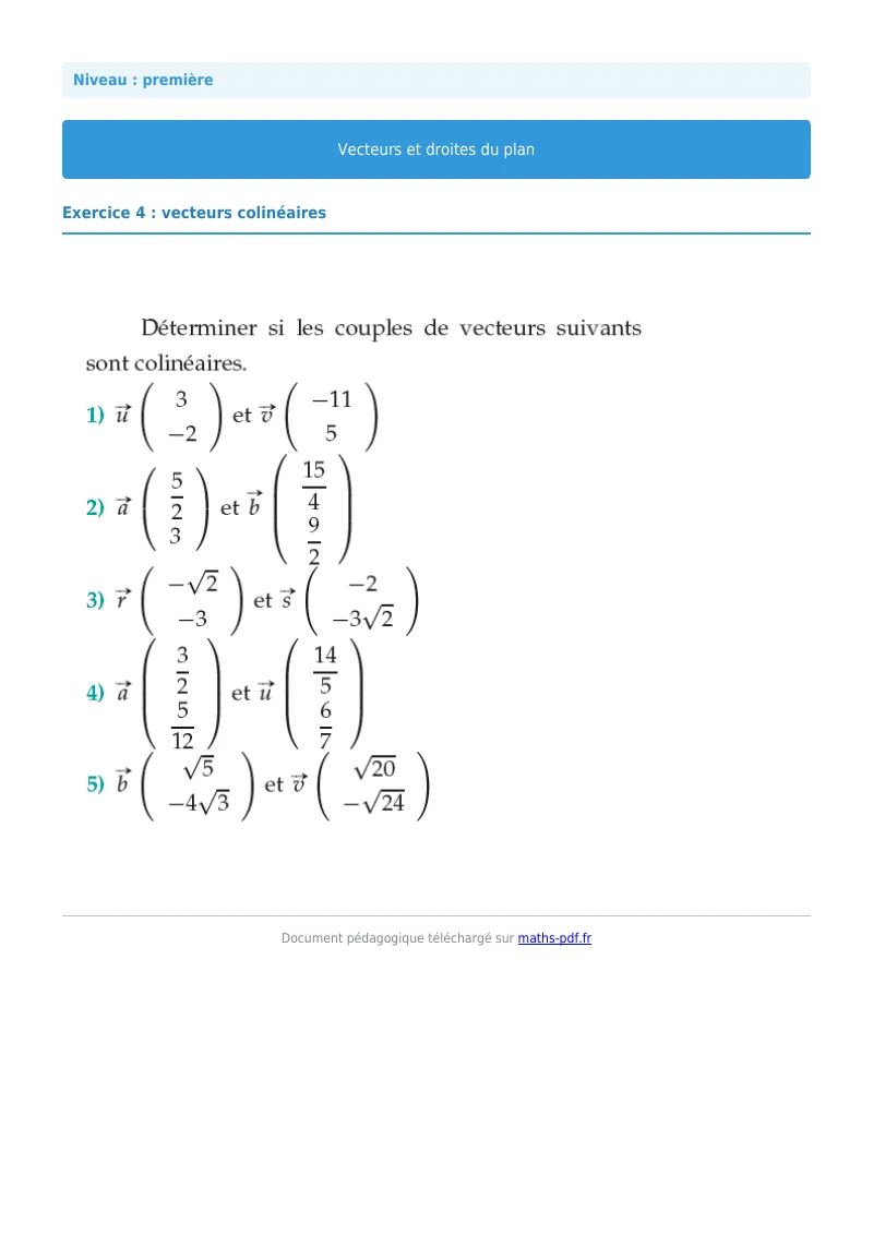 Vecteurs et droites du plan : exercice n°4 de maths en première corrigé en PDF