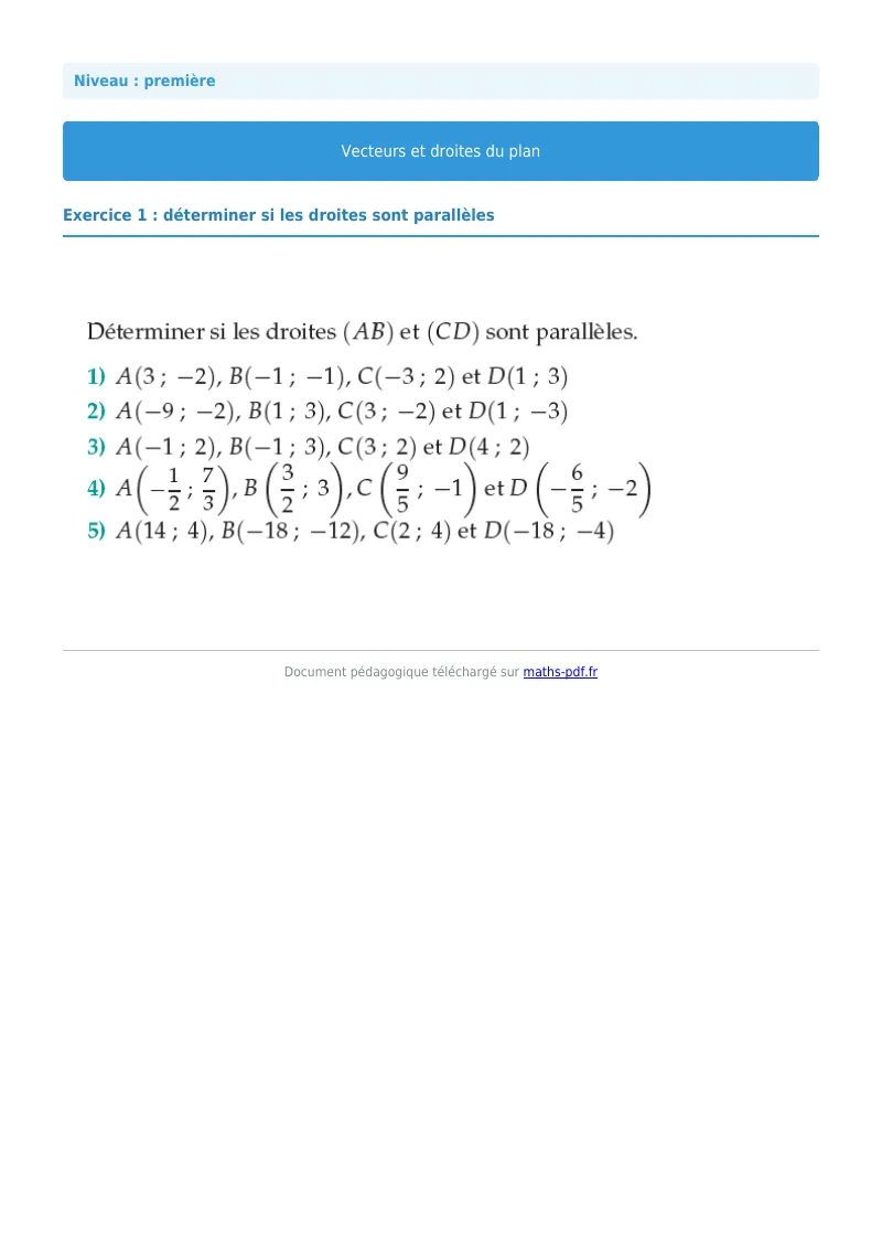 Vecteurs et droites du plan : exercice n°1 de maths en première corrigé en PDF