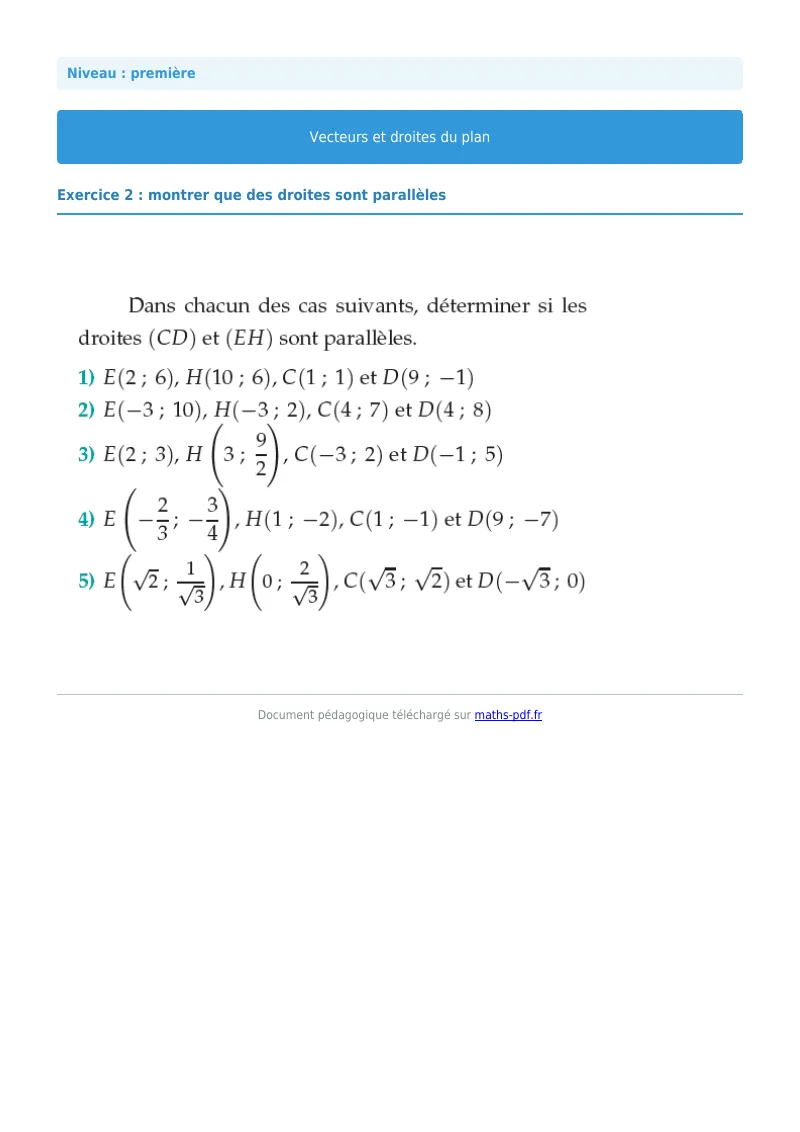 Vecteurs et droites du plan : exercice n°2 de maths en première corrigé en PDF