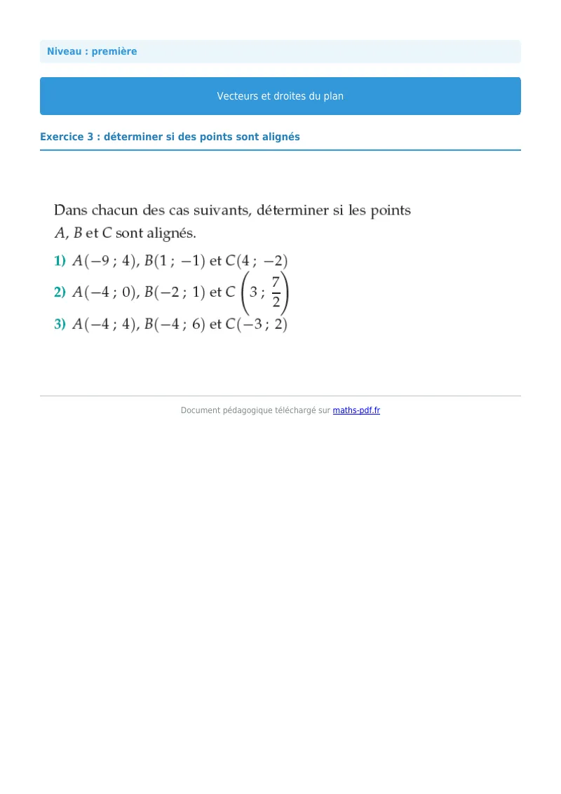 Vecteurs et droites du plan : exercice n°3 de maths en première corrigé en PDF