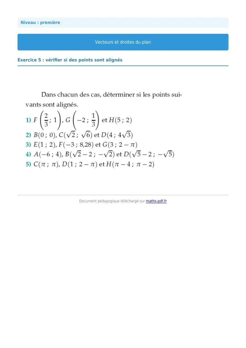 Vecteurs et droites du plan : exercice n°5 de maths en première corrigé en PDF