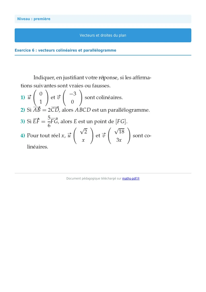 Vecteurs et droites du plan : exercice n°6 de maths en première corrigé en PDF