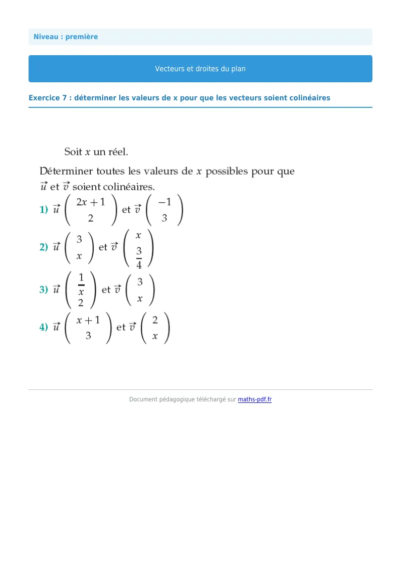Vecteurs et droites du plan : exercice n°7 de maths en première corrigé en PDF