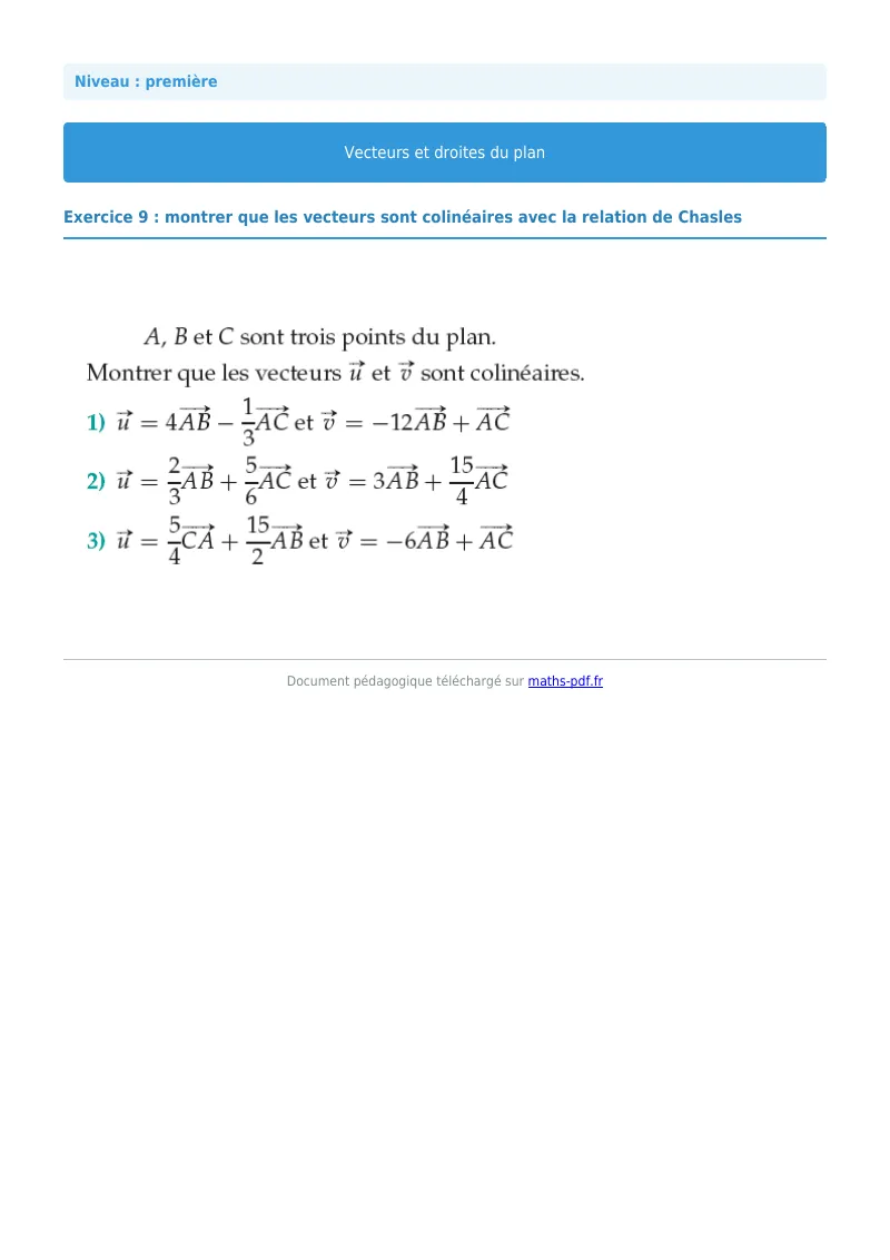 Vecteurs et droites du plan : exercice n°9 de maths en première corrigé en PDF