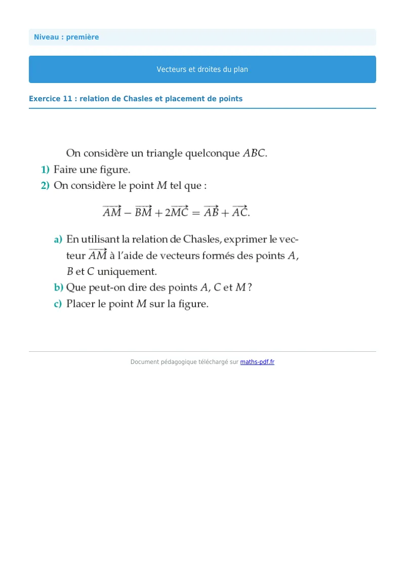 Vecteurs et droites du plan : exercice n°11 de maths en première corrigé en PDF