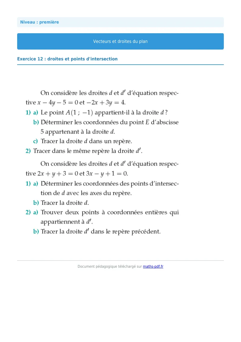 Vecteurs et droites du plan : exercice n°12 de maths en première corrigé en PDF