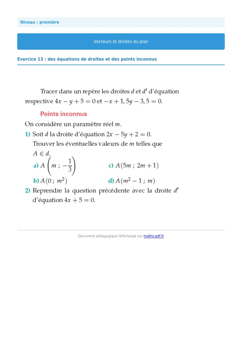 Vecteurs et droites du plan : exercice n°13 de maths en première corrigé en PDF