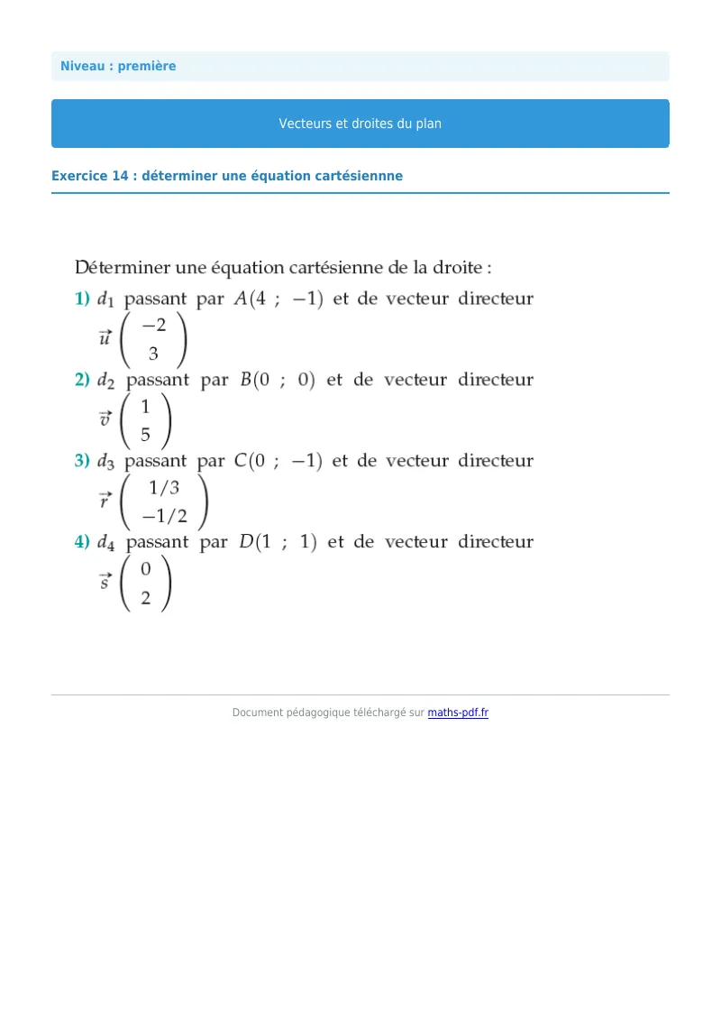 Vecteurs et droites du plan : exercice n°14 de maths en première corrigé en PDF