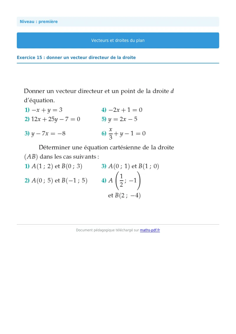 Vecteurs et droites du plan : exercice n°15 de maths en première corrigé en PDF