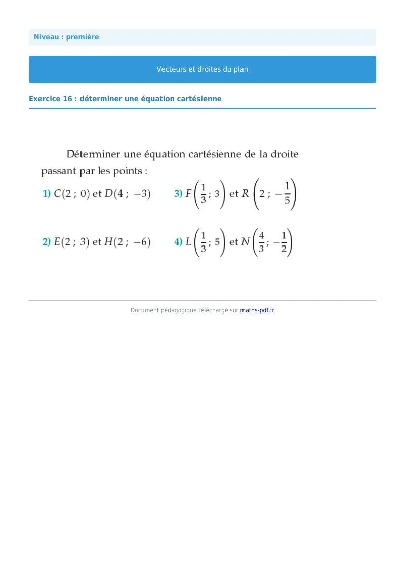 Vecteurs et droites du plan : exercice n°16 de maths en première corrigé en PDF