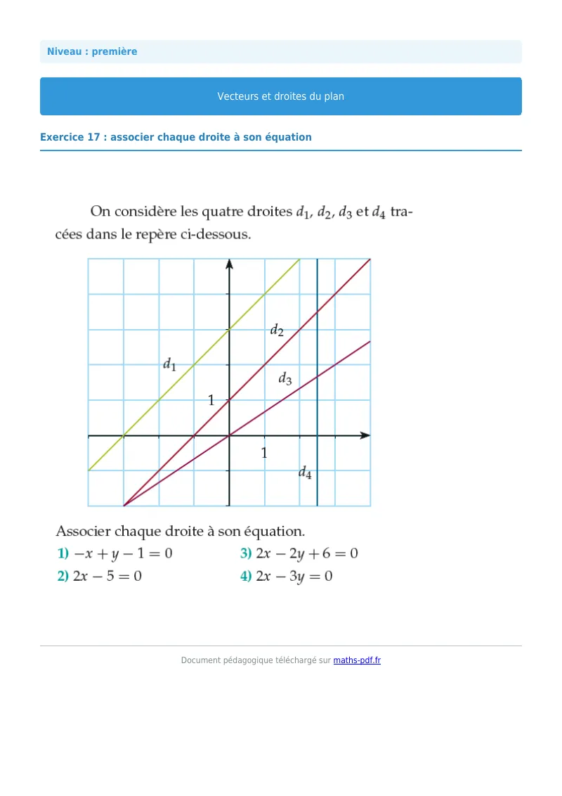 Vecteurs et droites du plan : exercice n°17 de maths en première corrigé en PDF