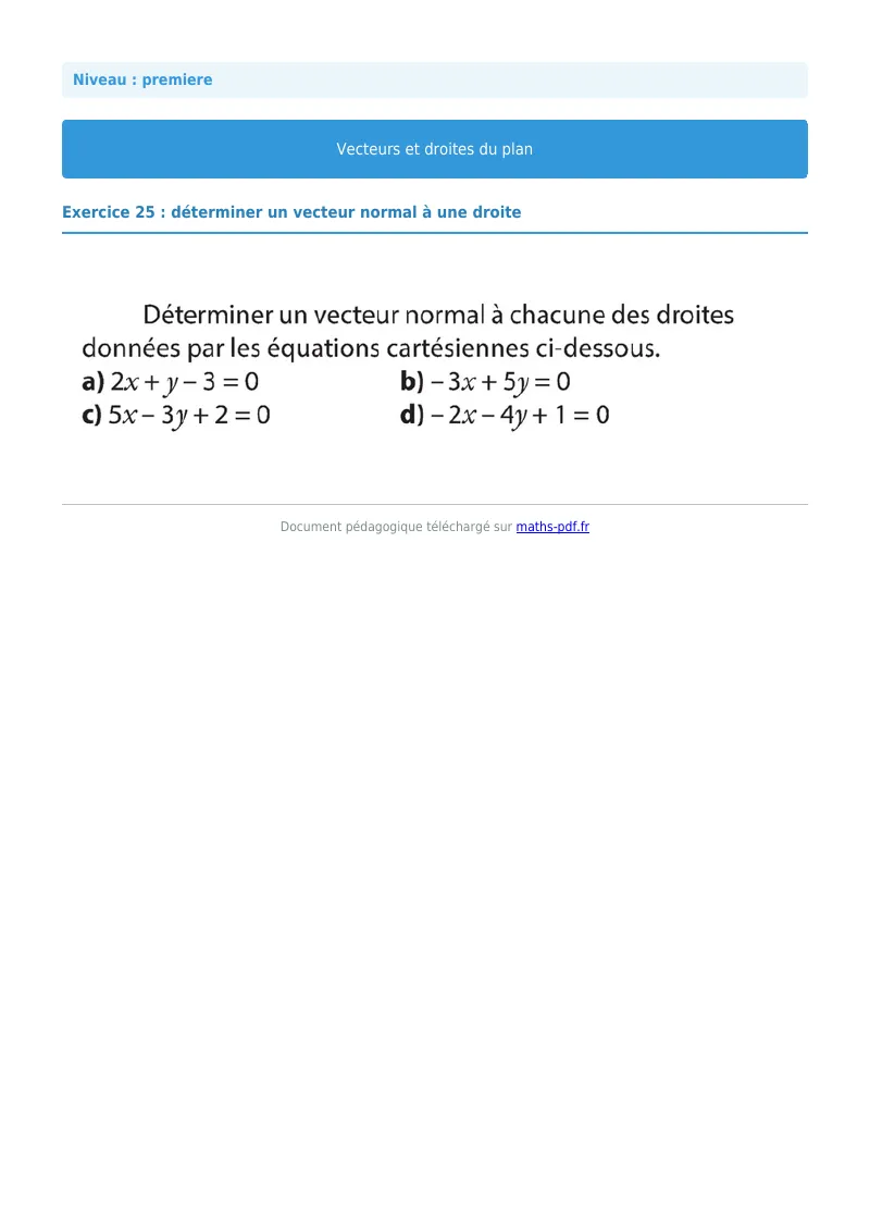 Vecteurs et droites du plan : exercice n°25 de maths en première corrigé en PDF