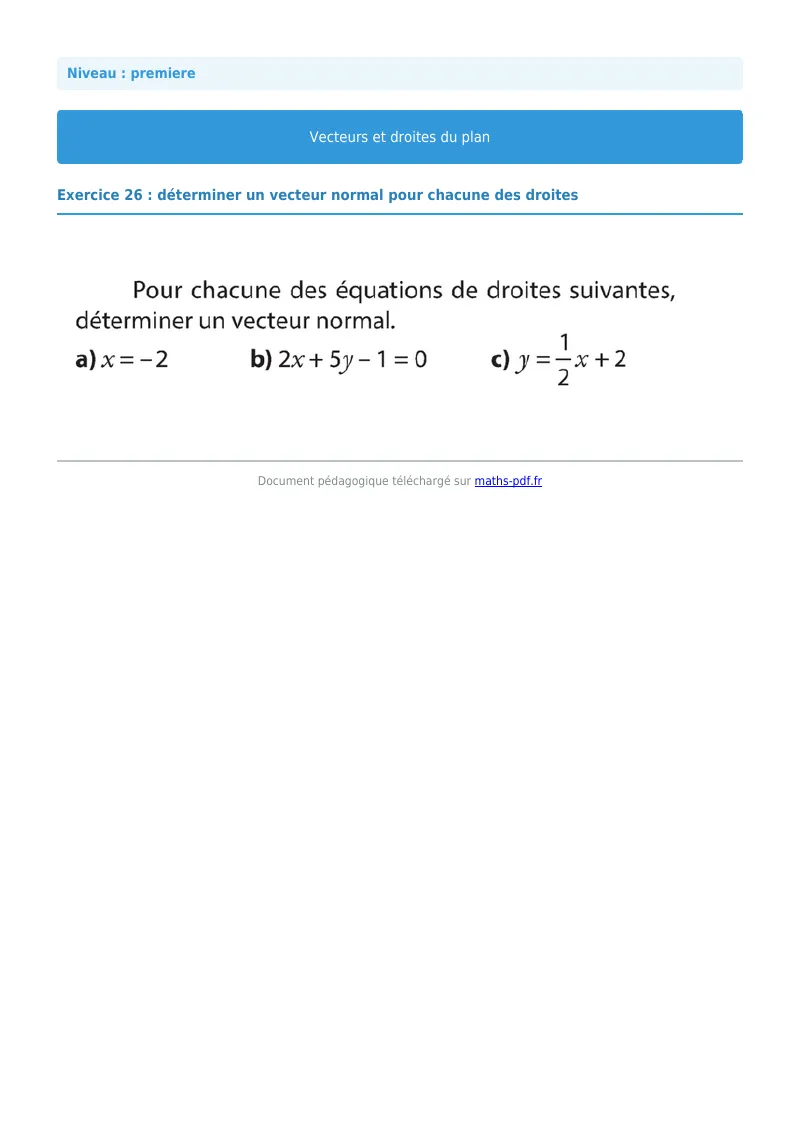 Vecteurs et droites du plan : exercice n°26 de maths en première corrigé en PDF