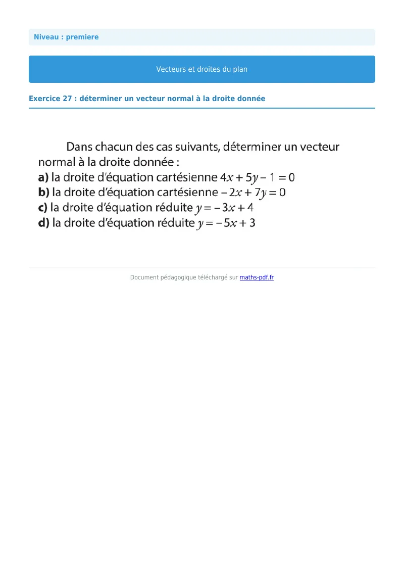 Vecteurs et droites du plan : exercice n°27 de maths en première corrigé en PDF