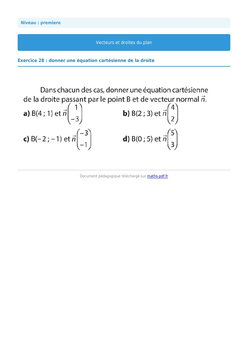 Vecteurs et droites du plan : exercice n°28 de maths en première corrigé en PDF