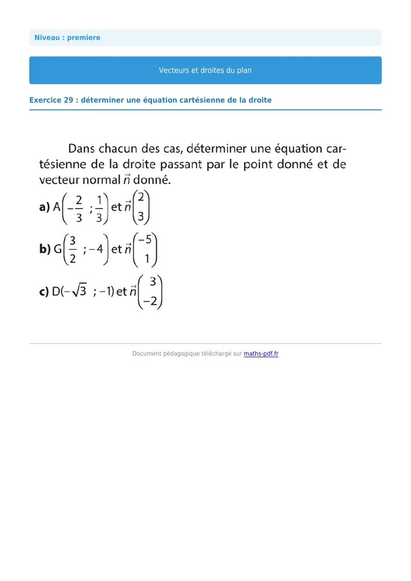 Vecteurs et droites du plan : exercice n°29 de maths en première corrigé en PDF