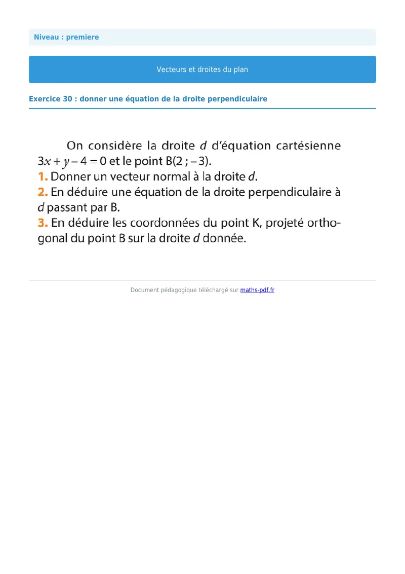 Vecteurs et droites du plan : exercice n°30 de maths en première corrigé en PDF