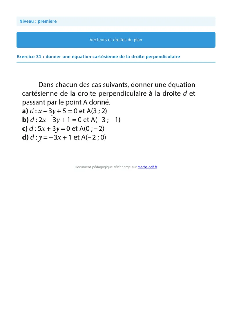 Vecteurs et droites du plan : exercice n°31 de maths en première corrigé en PDF