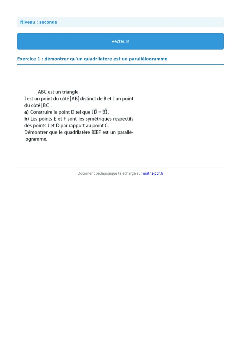 Vecteurs : exercice n°1 de maths en seconde corrigé en PDF